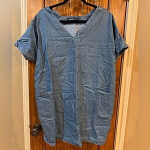 Zara Washed Blue Denim V-Neck Short Sleeve Tunic